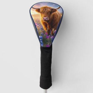 Hochlandkuh in einem Feld farbenfroher Blume Golf Headcover