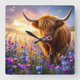 Hochlandkuh in einem Feld farbenfroher Blume Quadratische Wanduhr