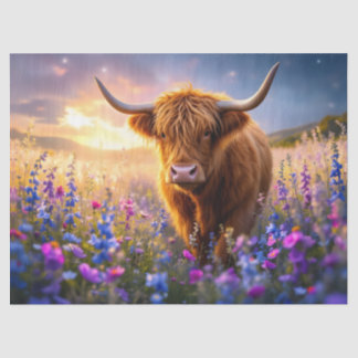 Hochlandkuh in einem Feld farbenfroher Blume Seidenpapier