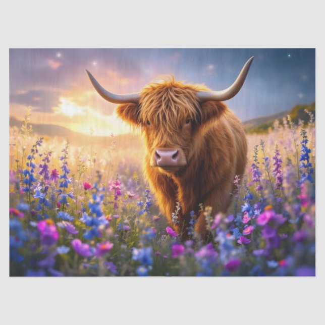 Hochlandkuh in einem Feld farbenfroher Blume Seidenpapier (Vorderseite)
