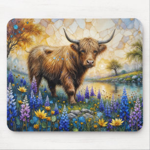 Hochlandkuh in einer blumigen Tallandschaft Mousepad