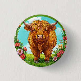 Hochlandkuh in einer von Blume dekorierten Weidenl Button