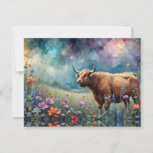 Hochlandkuh in farbenfrohen, blumengeschmückten Ta Postkarte