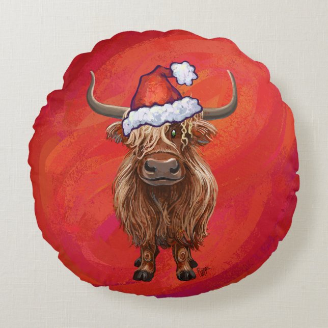 Hochlandkuh in Weihnachtsmannmütze auf Rot Rundes Kissen (Vorderseite)
