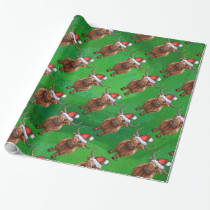 Hochlandkuh in Weihnachtsmannmütze-Muster auf Grün Geschenkpapier