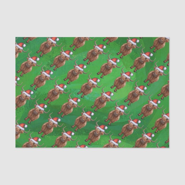 Hochlandkuh in Weihnachtsmannmütze-Muster auf Grün Seidenpapier (Vorderseite)