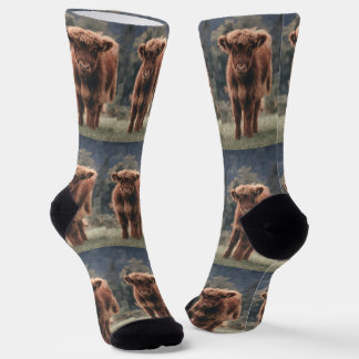 Hochlandkuh-Kalb Herbstgras süßes rustikales Muste Socken