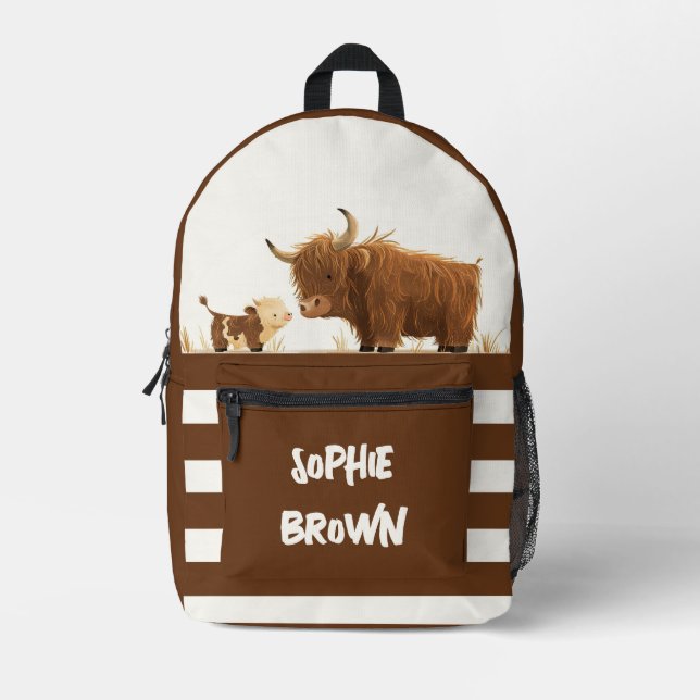 Hochlandkuh Mama & Calf Rustikaler Brauner Individ Bedruckter Rucksack (Vorderseite)