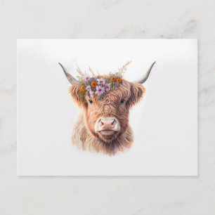 Hochlandkuh mit Blumenkronenklatsche Illustra Postkarte