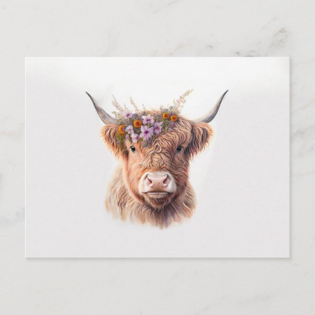 Hochlandkuh mit Blumenkronenklatsche Illustra Postkarte (Vorderseite)