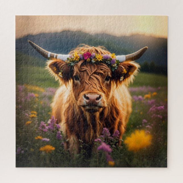 Hochlandkuh mit farbenfroher Blume (Vertikal)