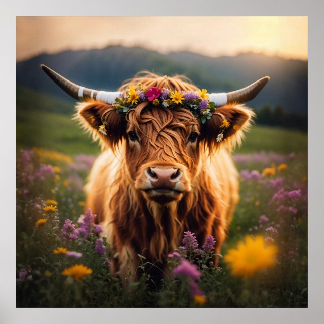 Hochlandkuh mit farbenfroher Blume Poster (Vorne)