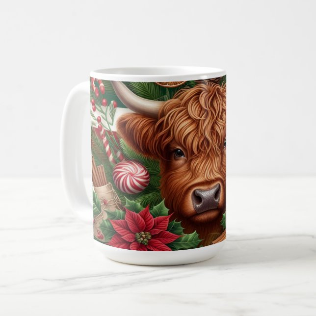 Hochlandkuh mit Feriendekorationen und Bonbons Kaffeetasse (Vorderseite Links)