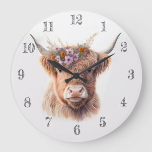 Hochlandkuh mit floraler Krone Aquarell-Illustrati Große Wanduhr