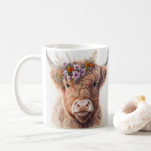 Hochlandkuh mit floraler Krone Wasserfarbenillustr Kaffeetasse