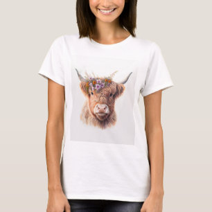 Hochlandkuh mit floraler Krone Wasserfarbenillustr T-Shirt
