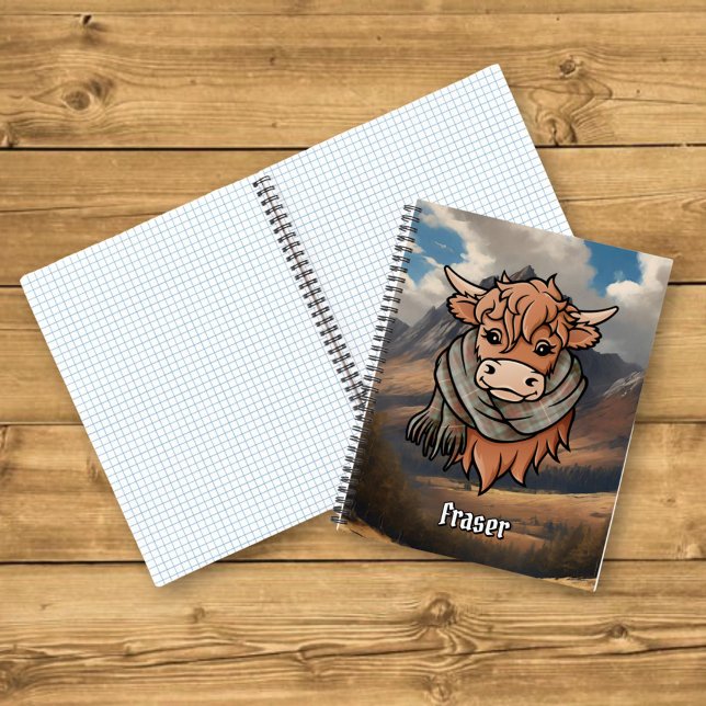 Hochlandkuh mit Fraser-gewittertem Tartan-Skarf Notizbuch (Von Creator hochgeladen)