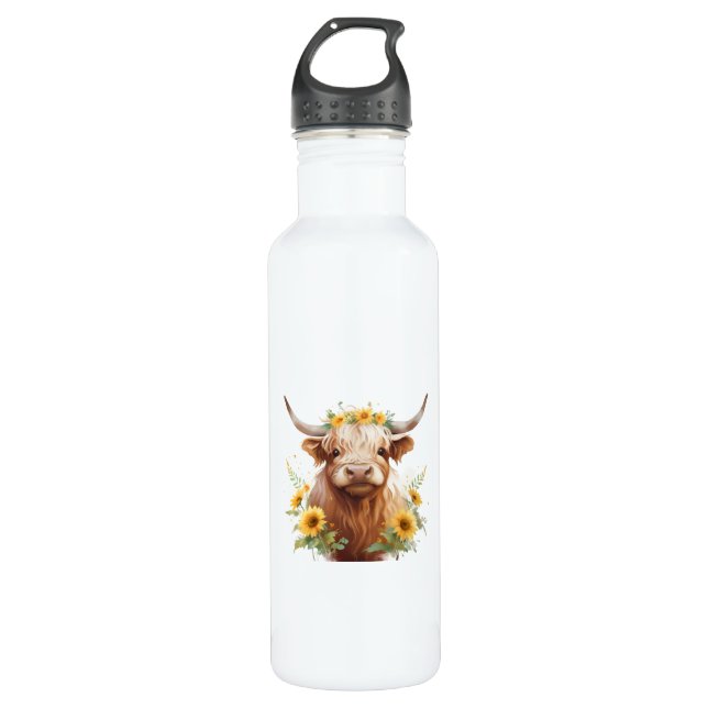 Hochlandkuh mit Gelbblütenkrone (Gelbblütenkrone) Edelstahlflasche (Vorderseite)