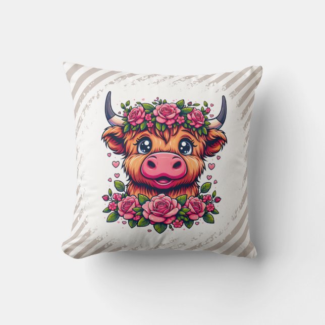 Hochlandkuh mit Rose Crown Kissen (Vorderseite)