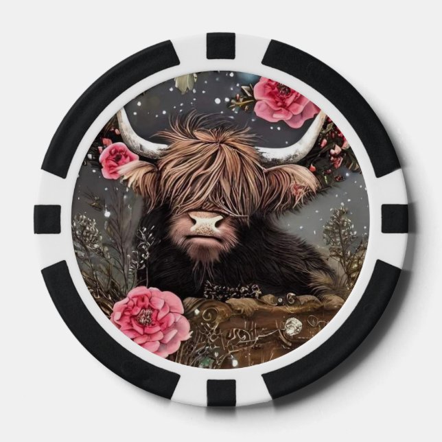 Hochlandkuh mit Rose Poker Chips (Vorderseite)