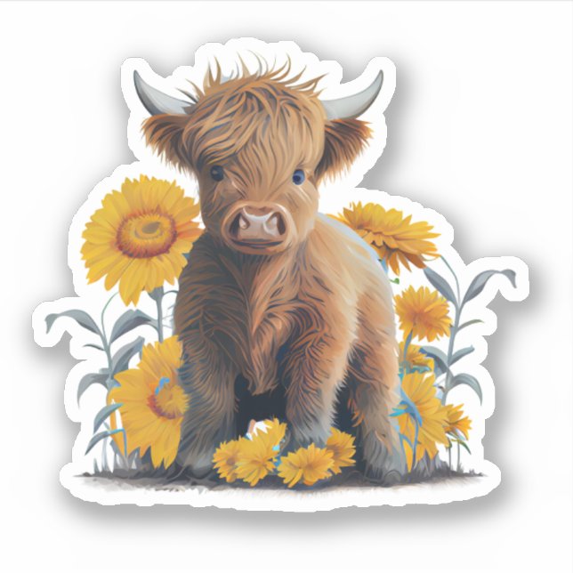 Hochlandkuh mit Sonnenblumen, kundenspezifischer S Aufkleber (Vorderseite)