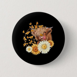 Hochlandkuh mit Sonnenblumenmilch-Schmetterlinge Button