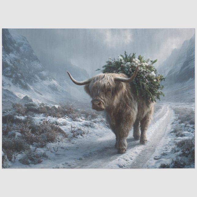 Hochlandkuh mit Wintergrün Seidenpapier (Vorderseite)