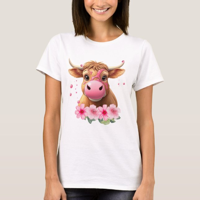 Hochlandkuh-Rosa-Bläschen platzen T-Shirt (Vorderseite)