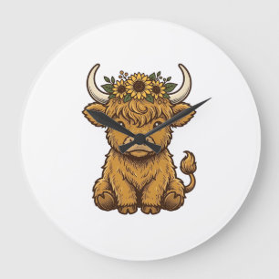Hochlandkuh-Shirt Süße Sonnenblume Kalb Kunst Große Wanduhr