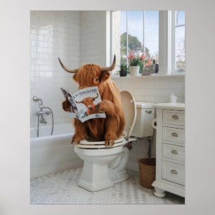 Hochlandkuh sitzend auf Toilette Reading Bad Poster