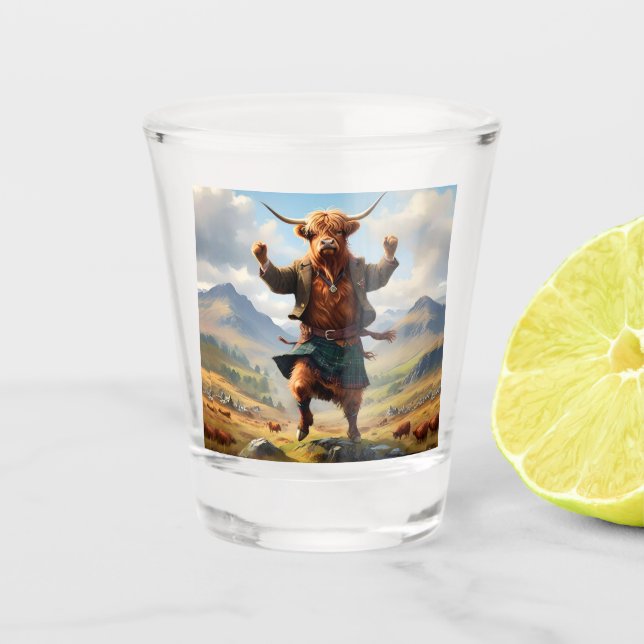 Hochlandkuh tanzt das Hochland Fling, Schnapsglas (Vorderseite)
