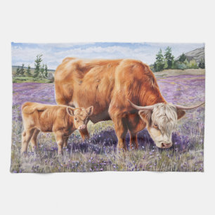 Hochlandkuh und Kalb lila Wildblumen Geschirrtuch