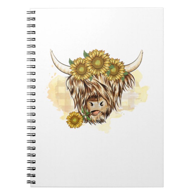 Hochlandkuh und Sonnenblumen. Perfektes Design für Notizblock (Vorderseite)