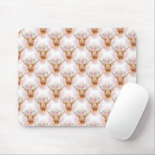 Hochlandkühe Rosa Blumen Wasserfarbe Trendy Mousepad