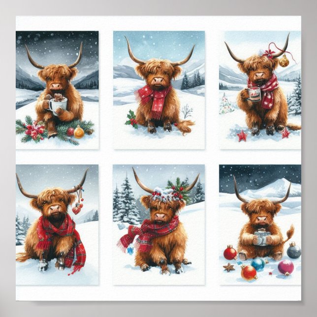Hochlandkühe zu Weihnachten Poster (Vorne)