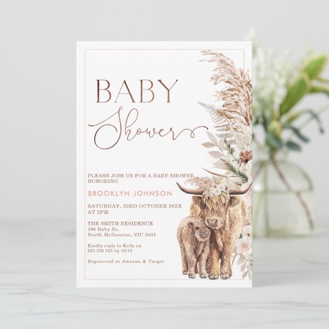 Hochlandkuhkalb Floral Frame Babydusche Einladung (Stehend Vorderseite)