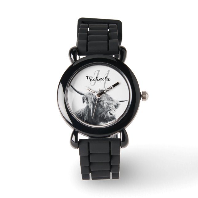 Hochlandkuhportrait Initialmonogramm Schwarz-weiß Armbanduhr (Vorderseite)