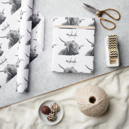 Hochlandkuhportrait Initialmonogramm Schwarz-weiß Geschenkpapier