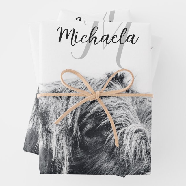Hochlandkuhportrait Initialmonogramm Schwarz-weiß Geschenkpapier Set (Beispiel)
