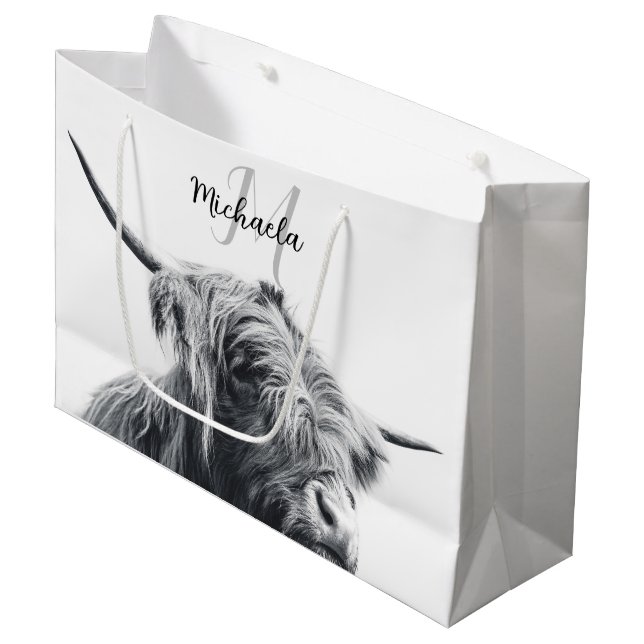 Hochlandkuhportrait Initialmonogramm Schwarz-weiß Große Geschenktüte (Vorderseite Schrägansicht)