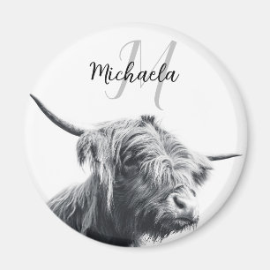 Hochlandkuhportrait Initialmonogramm Schwarz-weiß Magnet