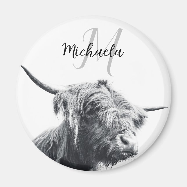 Hochlandkuhportrait Initialmonogramm Schwarz-weiß Magnet (Vorne)