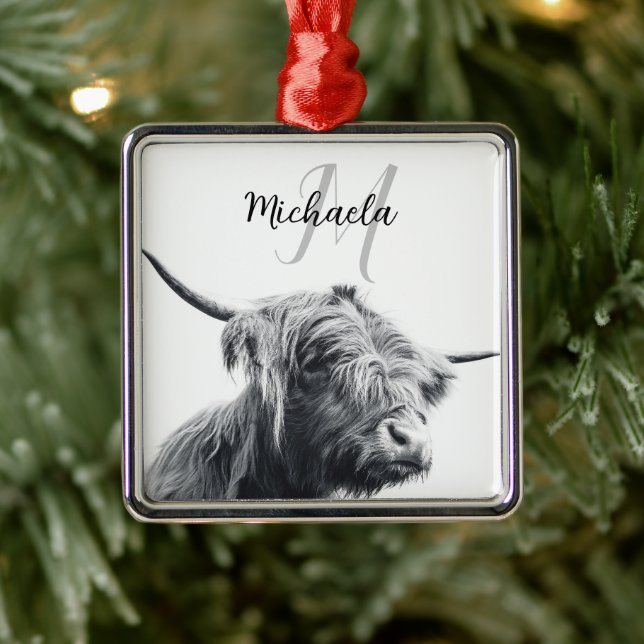 Hochlandkuhportrait Initialmonogramm Schwarz-weiß Ornament Aus Metall (Baum)