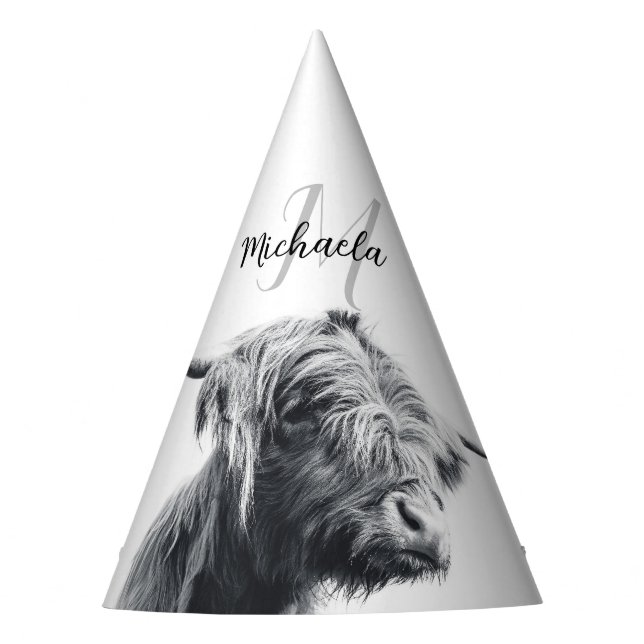 Hochlandkuhportrait Initialmonogramm Schwarz-weiß Partyhütchen (Vorderseite)