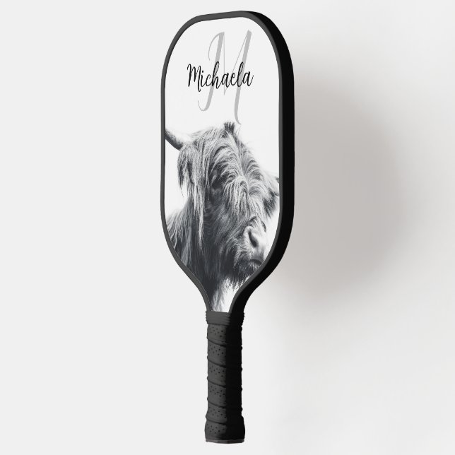 Hochlandkuhportrait Initialmonogramm Schwarz-weiß Pickleball Schläger (Links)