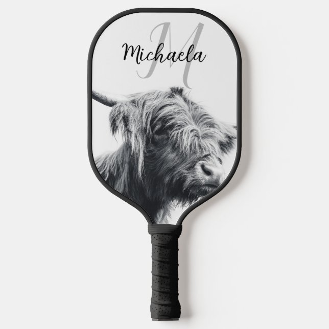 Hochlandkuhportrait Initialmonogramm Schwarz-weiß Pickleball Schläger (Vorderseite)