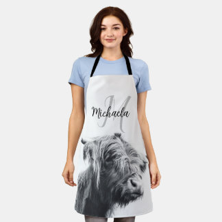 Hochlandkuhportrait Initialmonogramm Schwarz-weiß Schürze