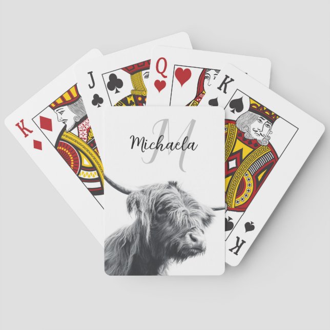 Hochlandkuhportrait Initialmonogramm Schwarz-weiß Spielkarten (Rückseite)