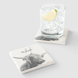 Hochlandkuhportrait Initialmonogramm Schwarz-weiß Steinuntersetzer