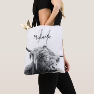 Hochlandkuhportrait Initialmonogramm Schwarz-weiß Tasche